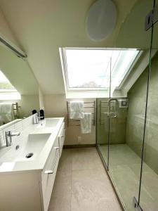 a bathroom with a sink and a shower with a skylight at Hot Tub and Views in Castle Hill