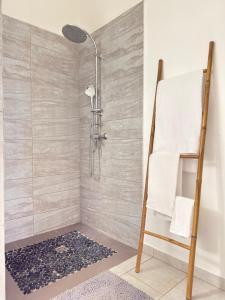 Una cabina de ducha con escalera en un baño. en Sopraia Nature, en Les Abymes
