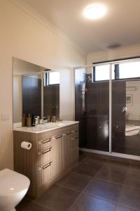 a bathroom with a shower and a sink and a toilet at Mount Buffalo Views in Porepunkah