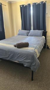 a bed with a brown animal laying on it at Quiet, Charming 3BR in Moranbah