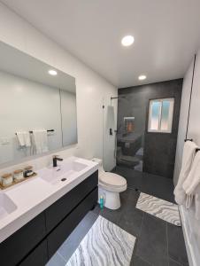 une salle de bain avec un lavabo, des toilettes et un miroir dans l'établissement Redwood Haven Your Santa Cruz Mountains Gateway, à Los Gatos