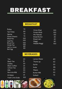 un menù per un ristorante per la colazione con diversi piatti di Silver sand resort a Alibag