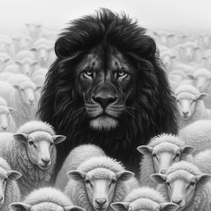 a painting of a lion in a herd of sheep at nimal in Weligama