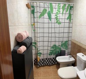 een badkamer met een douchegordijn en een toilet bij apartamento completo in El Burgo
