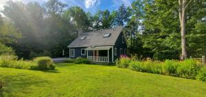 a small blue house in the middle of a yard at Hidden Kingdom home in Tyson