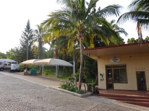 a building with a palm tree next to a street at Lake Kariba Inns in Siavonga