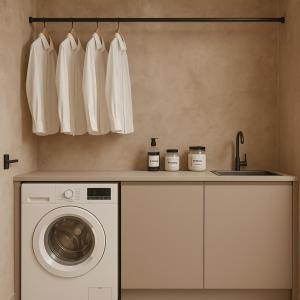 a laundry room with a washing machine and a sink at Nomade Villas in Agios Ioannis Peristeron