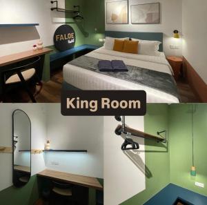 a room with a bed and a desk and a king room at Faloe Hostel in Kota Kinabalu +46 photos