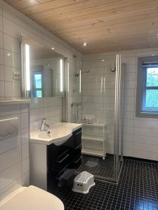 a white bathroom with a sink and a mirror at Nice cottage in quiet surroundings, surrounded by beautiful nature, near Gullingen in Gullingen