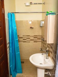 baño con lavabo y cortina de ducha azul en Peaceful Getaway in Kajiado County - Riri Isinya, en Oloyaingalani 43 fotos más