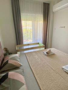 une chambre avec un grand lit avec une fenêtre dans l'établissement Apartman Dedijer, à Trebinje 16 autres photos
