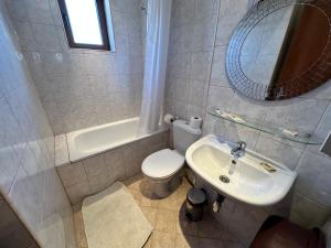 a bathroom with a toilet and a sink and a mirror at Private apartment in Prespa in Bansko +23 photos