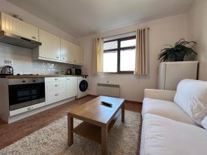 a living room with a couch and a table at Private apartment in Prespa in Bansko