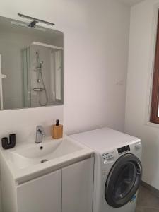 a bathroom with a washing machine next to a sink at AquaLodge Vitalia in Aix-les-Bains