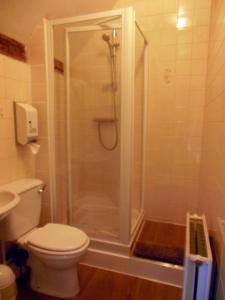 Un baño con ducha, inodoro y lavabo. en Lower Lode Inn, en Tewkesbury