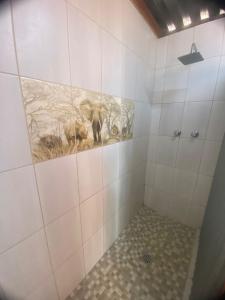 Un baño con ducha con animales en la pared. en Vlakvark Tented Camp, en Bela-Bela 5 fotos más
