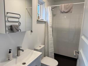 a white bathroom with a sink and a toilet at The Hvítá Inn by Ourhotels in Bær