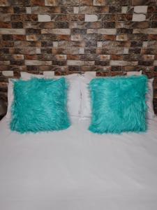 リチャーズ・ベイにあるPeaceful stayのレンガの壁のあるベッドの上に青い枕が2つ