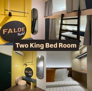 Dos habitaciones con cama king y dos literas en una habitación. en Faloe Hostel, en Kota Kinabalu