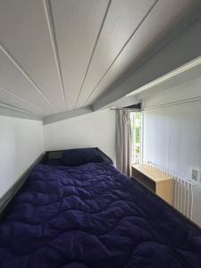 een groot bed in een kamer met een raam bij Bungalow Het Grootslag in Andijk +9 foto's