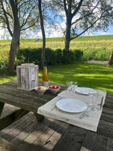 een picknicktafel met een bord eten en een fles wijn bij Bungalow Het Grootslag in Andijk