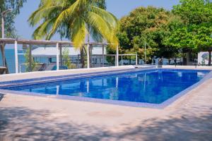 a swimming pool with a palm tree in the background at Blue Waters by Serendib in Senga