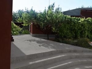 a set of concrete steps with trees and a building at Qokhna Samarqand in Samarkand