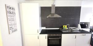a kitchen with a sink and a black wall at Ferienwohnung FeLu in Wadgassen +7 photos