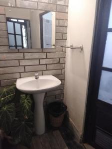 ein Badezimmer mit einem weißen Waschbecken und einem Spiegel in der Unterkunft Upavan Homestay in Lataguri