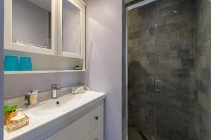 a bathroom with a sink and a glass shower at Le Clos Bleu du Lac - Charmante location tout proche du lac d'Annecy avec jardin in Saint-Jorioz +12 photos