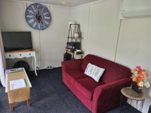 a living room with a red couch and a tv at Tiny Home Container house Above the Vines in Waikakaho