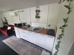 a small kitchen with white cabinets and a sink at Tiny Home Container house Above the Vines in Waikakaho