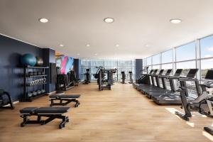 - une salle de sport avec des tapis de course et des équipements de cardio-training dans un bâtiment dans l'établissement Sheraton Milan Malpensa Airport Hotel & Conference Centre, à Ferno