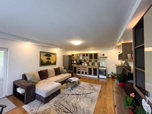 a living room with a couch and a table at Garden Spa Retezat in Fizeşti