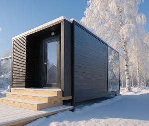 Una pequeña casa negra con escaleras en la nieve. en Aurora Igloo Village Ylläs Luna Suite, en Ylläsjärvi