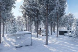Un bosque cubierto de nieve con árboles y un espejo. en Aurora Igloo Village Ylläs Luna Suite, en Ylläsjärvi