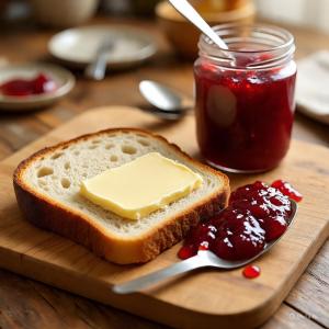 a piece of bread with butter and jam on a cutting board at Hotel The Grand Elite Ramayan - Near Ram Mandir in Ayodhya