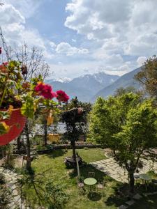 Una vista de un jardín con montañas al fondo. en Unwind at Chanderlok, en Nagar