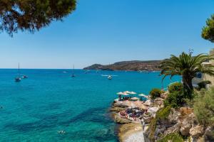 a beach with a palm tree and boats in the water at Panorama Hotel in Agia Marina Aegina