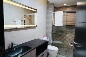 a bathroom with a sink and a toilet and a mirror at Luxurious 1BHK In Elysium Opposite Centaurus in Islamabad +37 photos