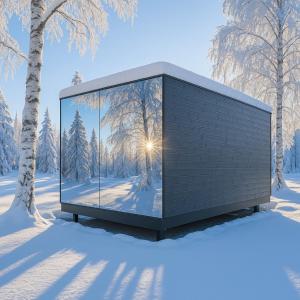 a glass box in the snow in a forest at Aurora Igloo Village Ylläs Nox Suite in Kolari