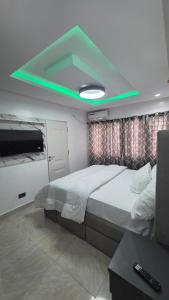 a bedroom with a large bed with a green ceiling at Well Furnished 4 bedrooms duplex available! in Lekki