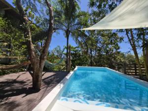 a swimming pool with a tree and a fence at Moemoea Lodge in Ambatoloaka