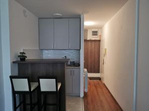 eine Küche mit weißen Schränken, einem Tisch und Stühlen in der Unterkunft Andrej 62 in Beograd