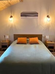 una camera da letto con un grande letto con due cuscini arancioni di CHÂTEAU de CAMPANES a Lagraulet-du-Gers