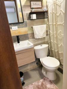 une salle de bains avec toilettes et lavabo dans l'établissement Colonial leyton apartment, à Sans Souci