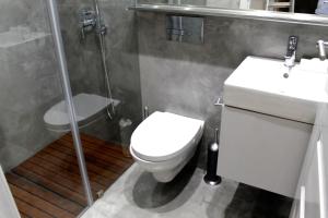 ein Badezimmer mit Toilette, Waschbecken und Dusche in der Unterkunft Casa da Catedral in Porto + 16 Fotos