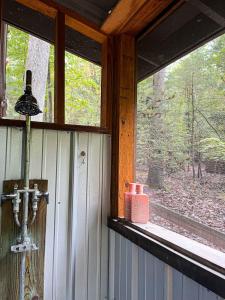 a window in a cabin with a pink appliance on it at Hot Tub Fire Pit Grill Sleeping Porch & More in Mount Trimble