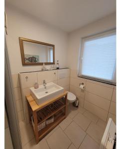 a bathroom with a sink and a toilet and a mirror at Ferienhaus Sandseele in Fehmarn +7 photos