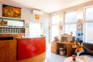 ein Wohnzimmer mit einer Küche mit einem Löwengemälde an der Wand in der Unterkunft Penzion RAKI in Bratislava + 30 Fotos